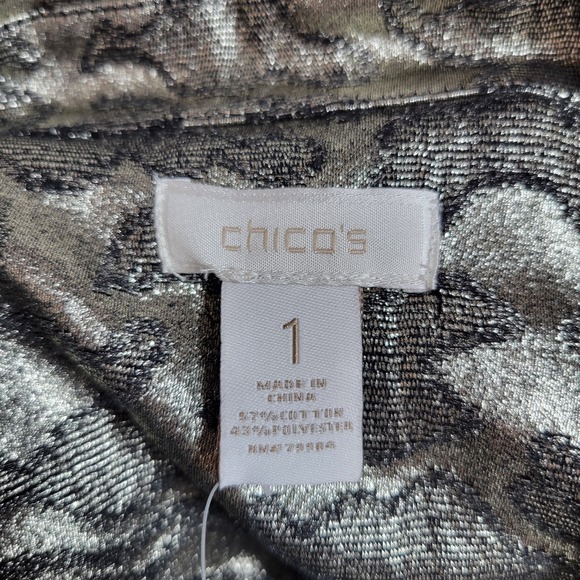 Chicos Jacket Women Sz 1 M Lightweight Metallic Denim Jacquard Silver NWT - Picture 5 of 5